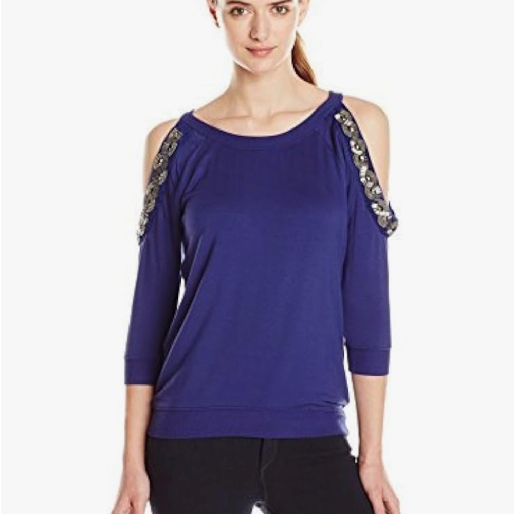Jessica Simpson Amy Cold-shoulder Royal Blue Embellished Top/ Blouse, size L